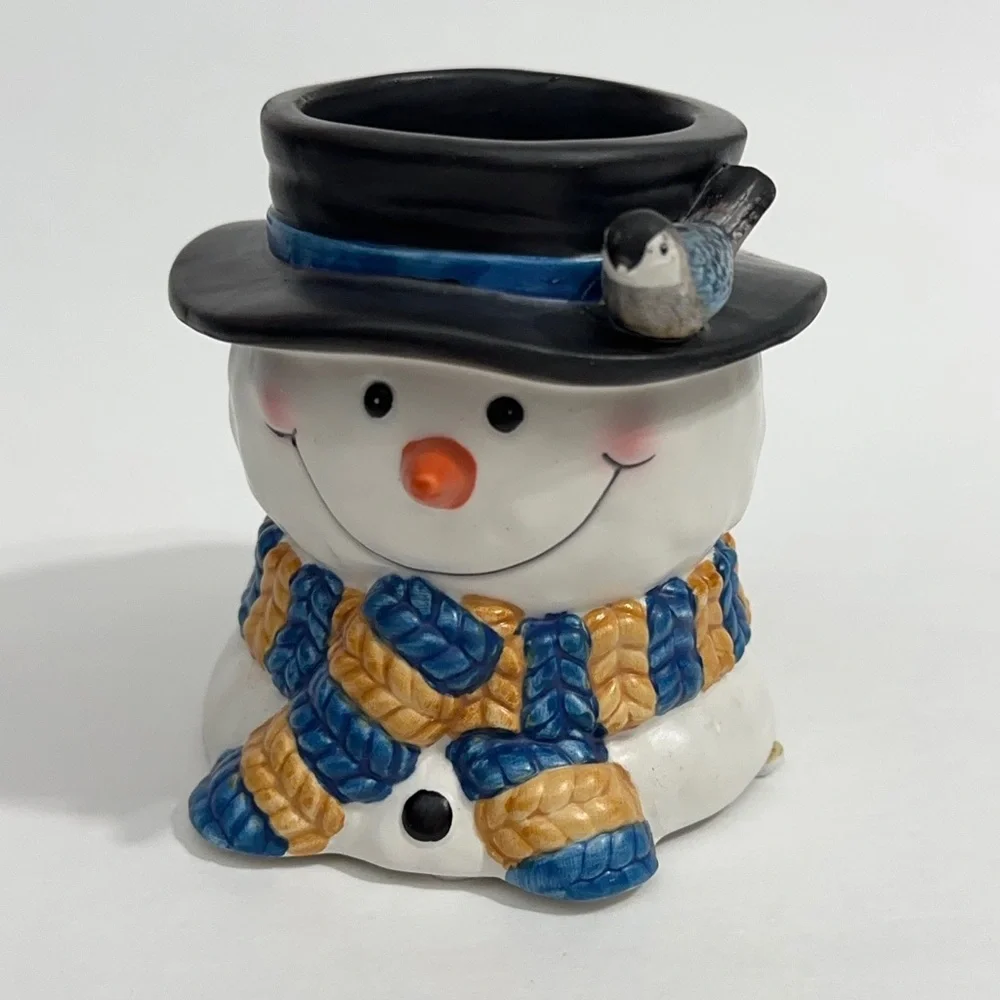 Vintage Ceramic Snowman Votive Candle Holder with Scarf and Bird on Hat
